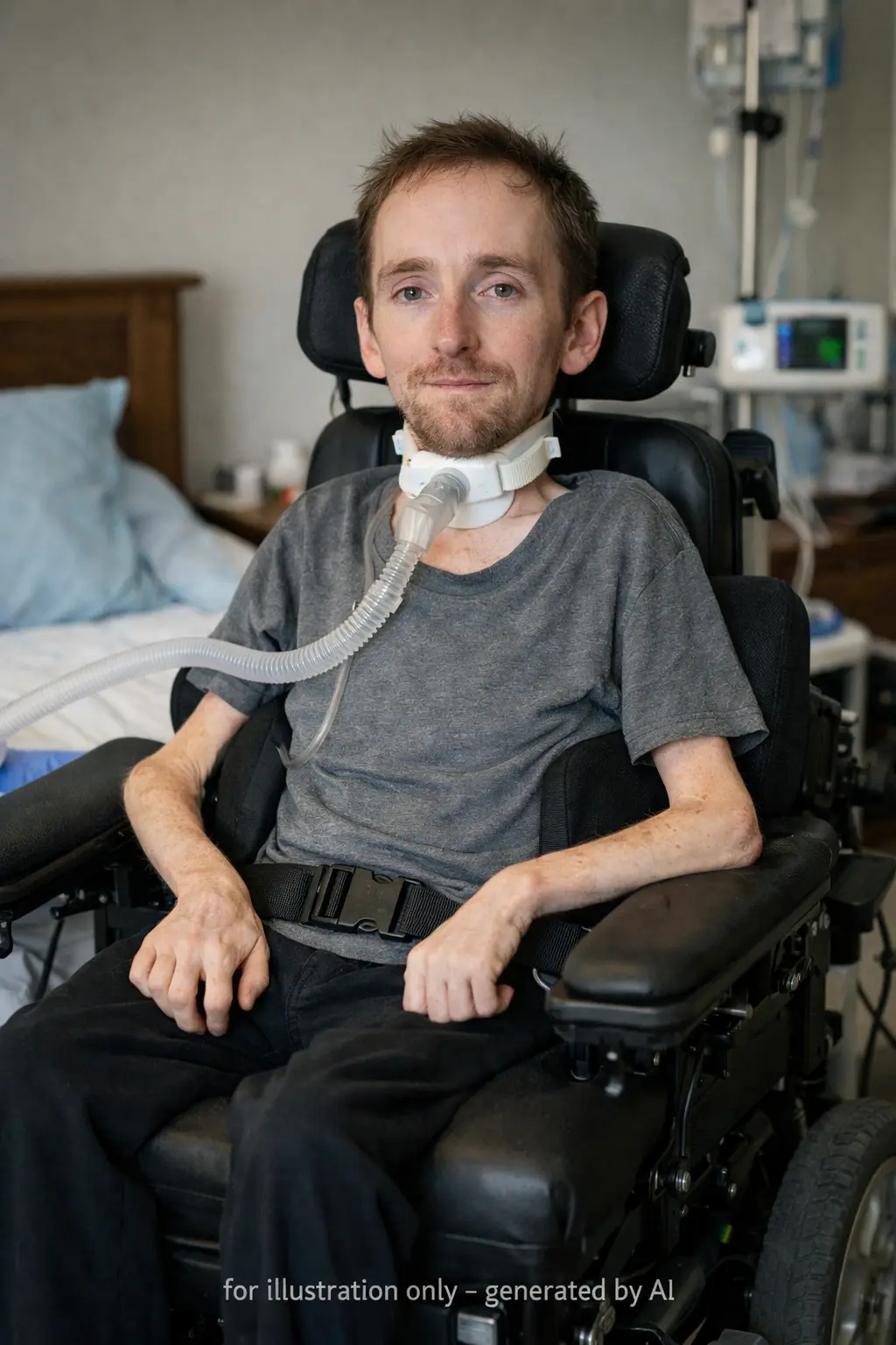 Realistic photo of a male patient in a wheelchair impacted by sma disease