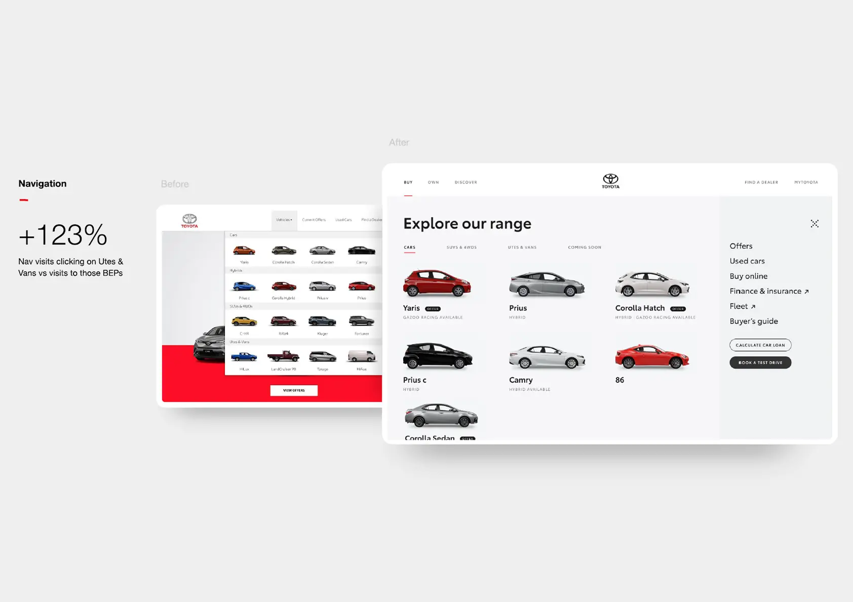 Slide showing before and after metrics for the main navigation