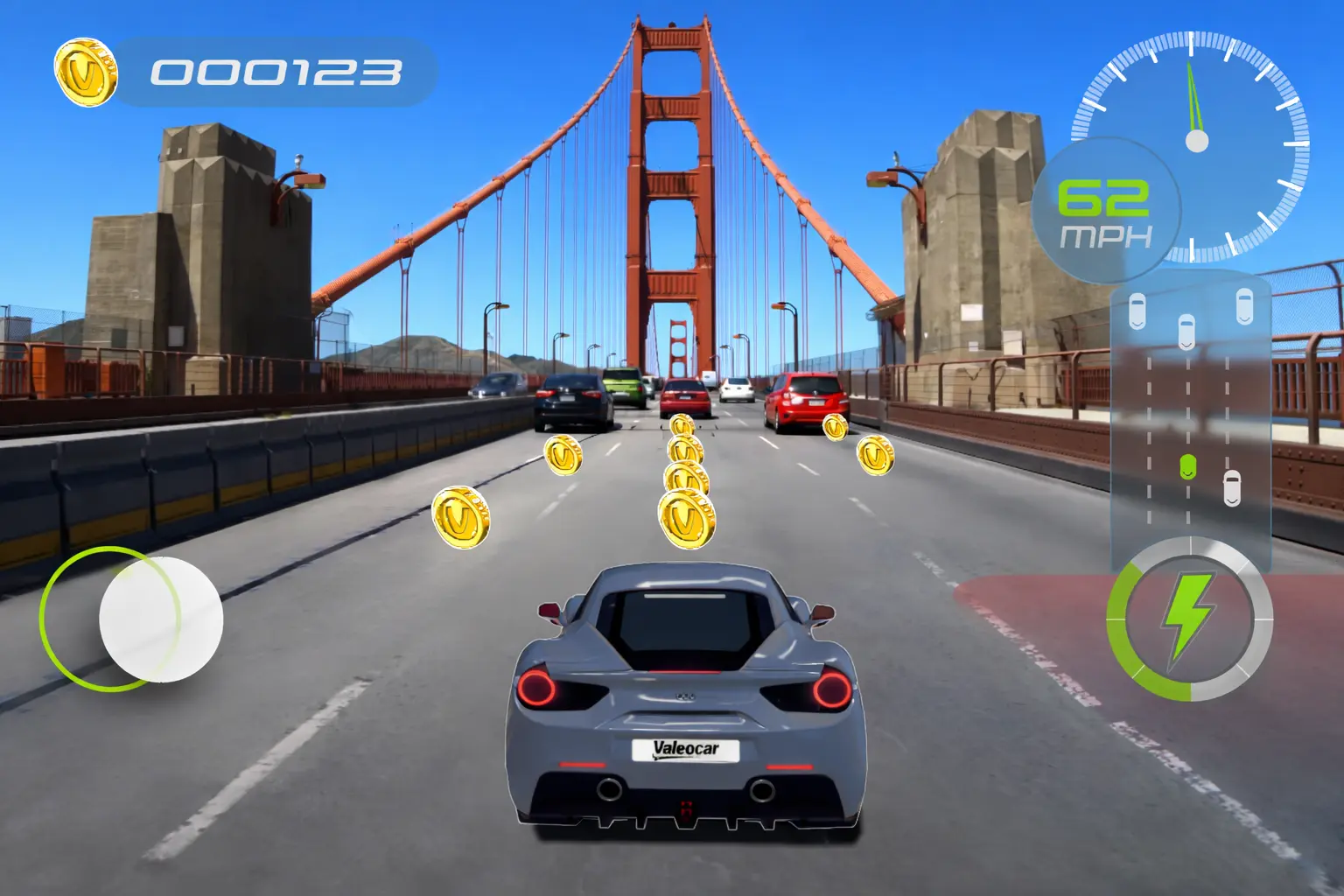 Screenshot of the Valeo Racer prototype with a sport car driving on the Golden Bridge